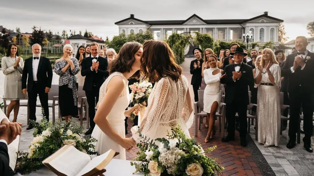 Same-sex couple kissing at their wedding